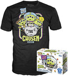 Black graphic T-shirt with alien Buzz-style character print, with boxed figure included