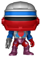 Close-up Roboto vinyl figure with gray helmet, red head armor, blue band, purple feet