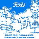 Funko fun cartoon graphic with “FUNKO POP, FUNKO GAMES, LOUNGEFLY” text