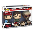A set of three 'Stranger Things' themed Funko Pop! vinyl figures depicting characters Robin, Steve, and Vecna, packaged in a clear plastic protector.