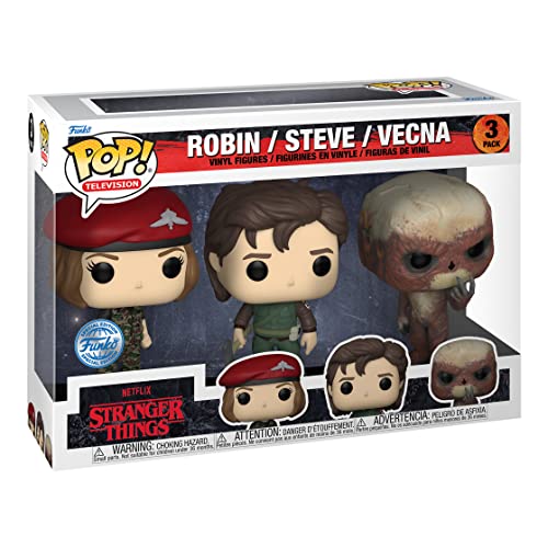 A set of three 'Stranger Things' themed Funko Pop! vinyl figures depicting characters Robin, Steve, and Vecna, packaged in a clear plastic protector.