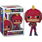 Vinyl superhero figurine with red armored hood, gold bun, blue suit, and cape
