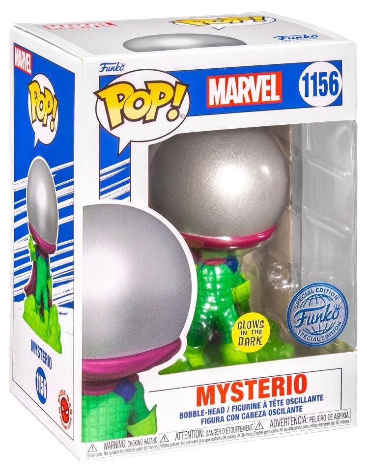 Glow-in-the-dark Mysterio action figure in box; silver helmet, green suit, magenta cape